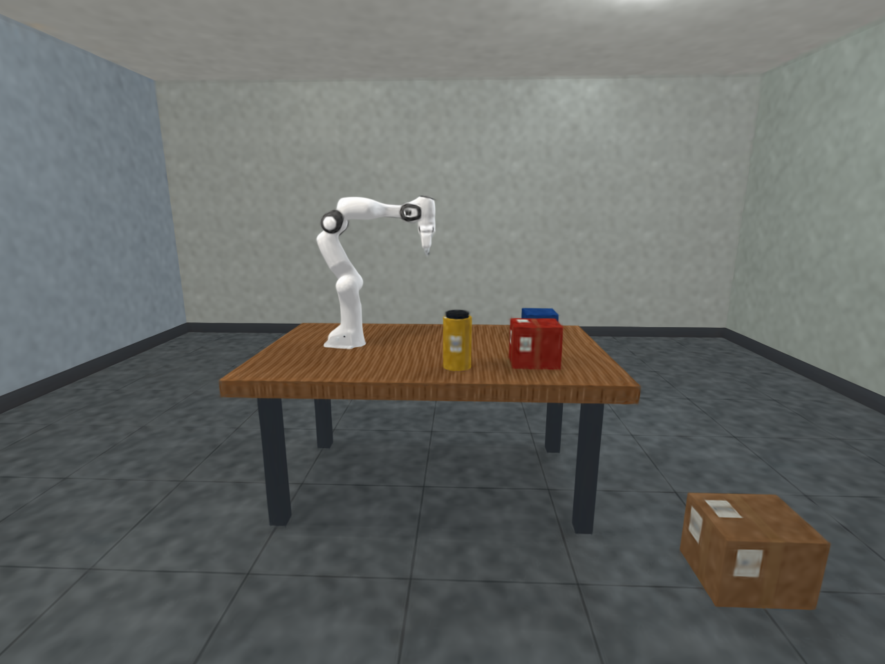 Gaussian reconstruction of a laboratory with a Panda robot, workbench, tabletop objects, and a floor box.